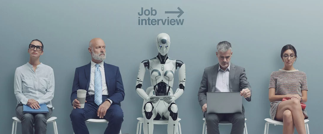 AI and job interviews - humans sitting alongside a robot for a job interview